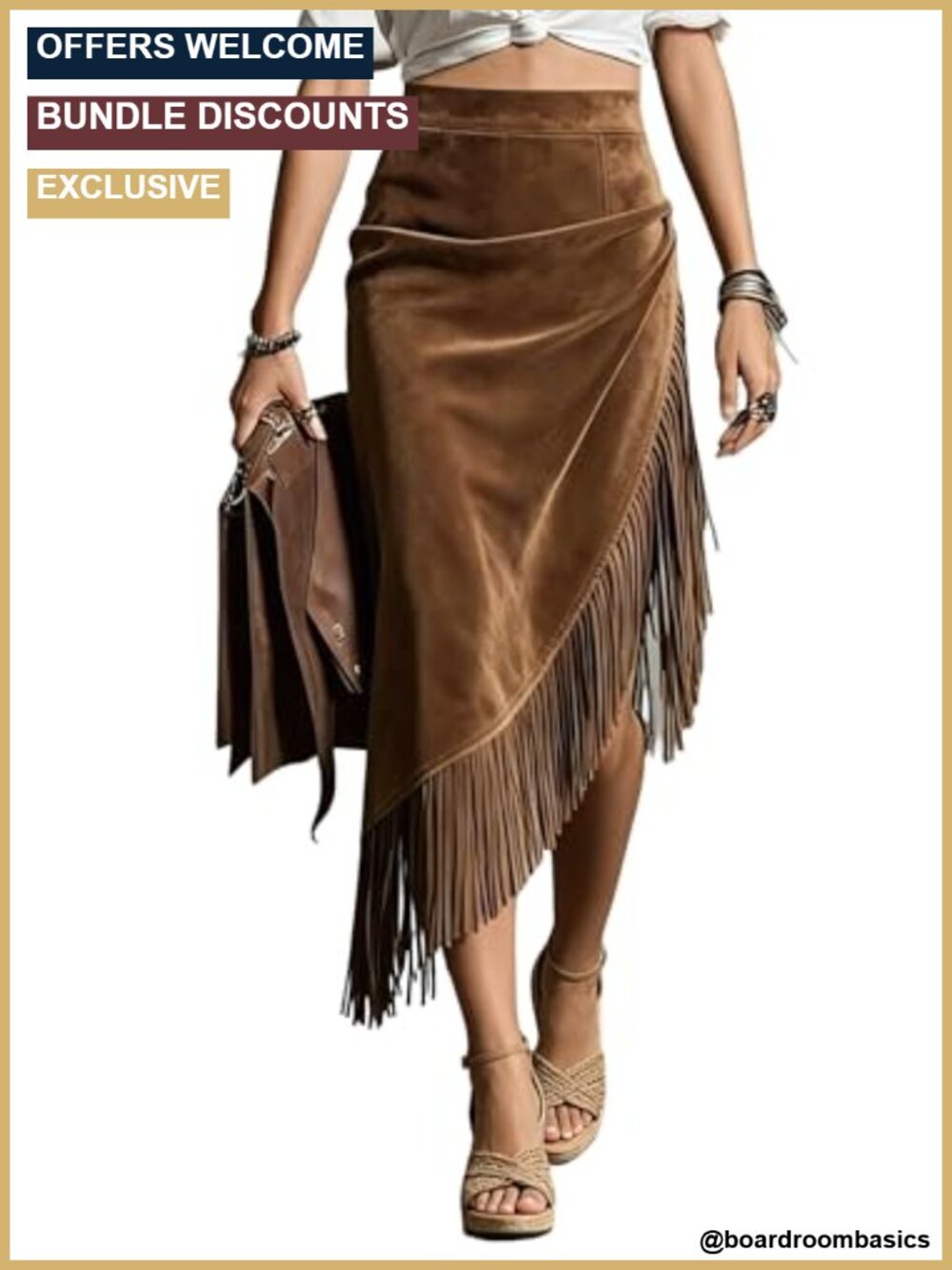 Faux Suede Asymmetrical Fringe Midi Skirt Western Cowgirl Outfit